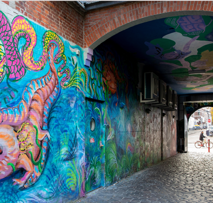 Kleurige Street art in een oud steegje in de stad Groningen