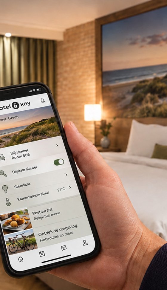 Hotelgast bedient digitale voorzieningen in een slimme hotelkamer via een smartphone-app