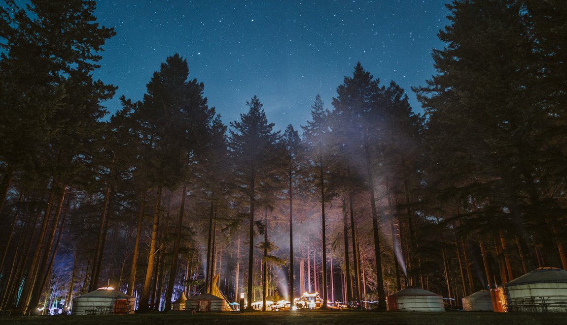 Yurts tussen de bomen onder de sterrenhemel bij Winterwoods in Drenthe