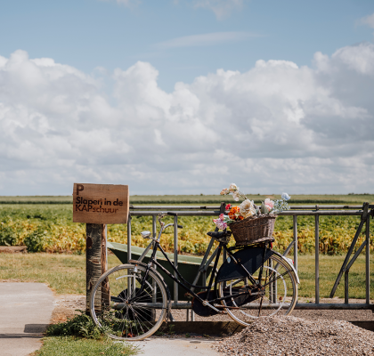 Tegen een hek met een bordje 'Slapen in de KAPschuur' staat een fiets geparkeerd, met achterop een mand vol bloemen.
