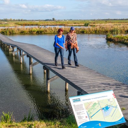 Wandelen in de polder over het waterbergingsgebied over houten looppad Schalkwijk